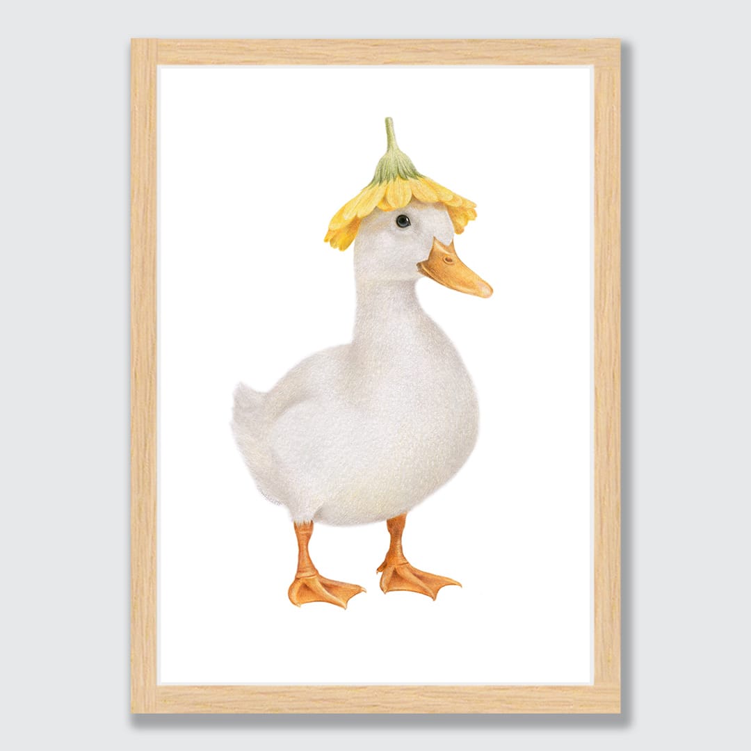 White Duck with Flower Hat Art Print by Olivia Bezett