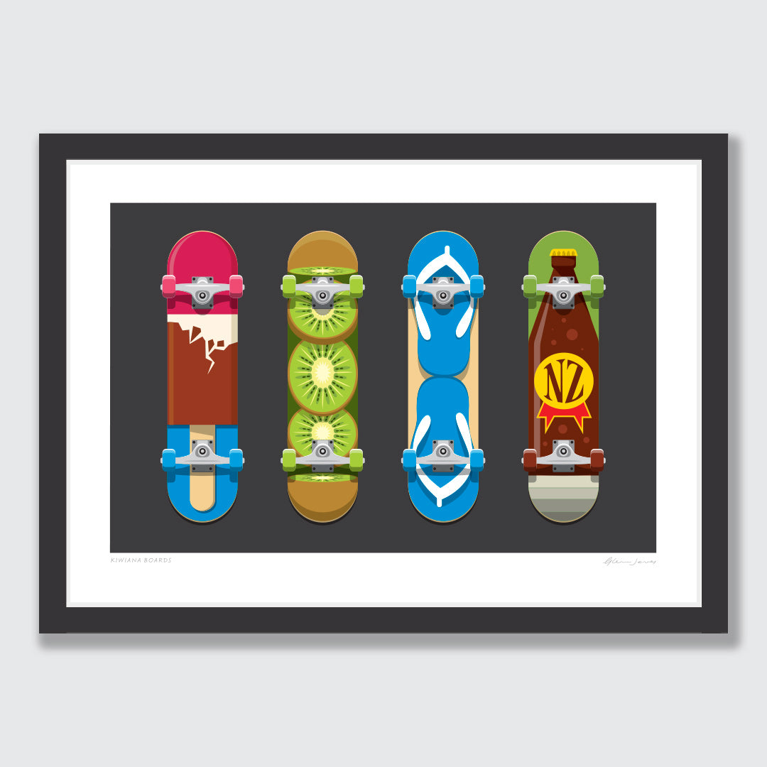 Kiwiana Skateboards Art Print by Glenn Jones