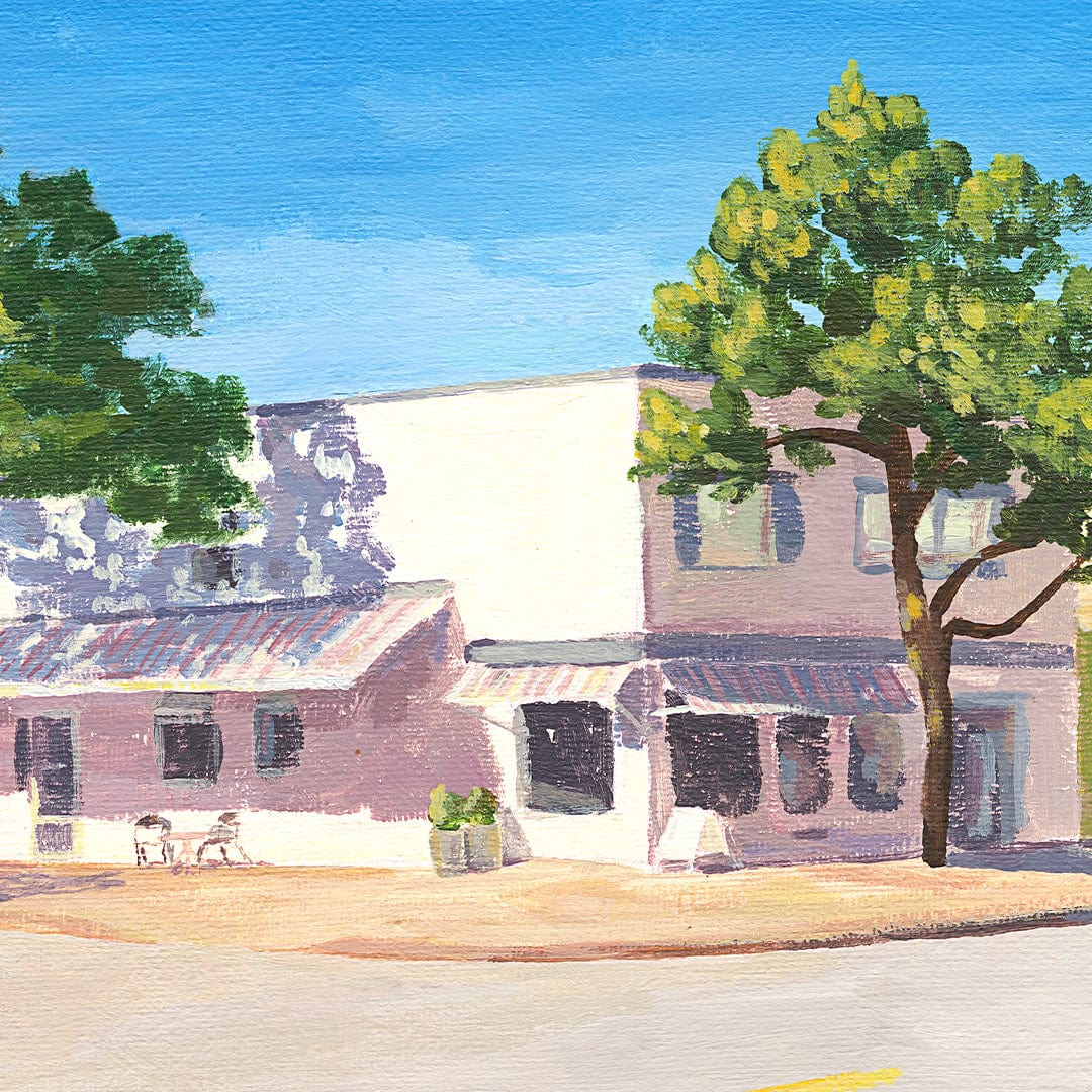 Cafe on the Corner Art Print by Grace Wilkinson