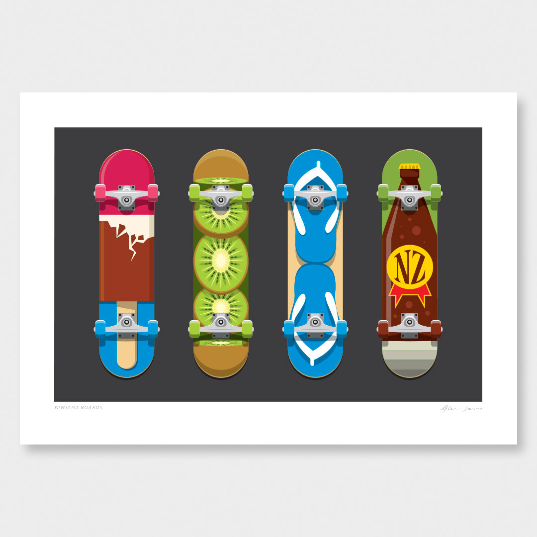 Kiwiana Skateboards Art Print by Glenn Jones