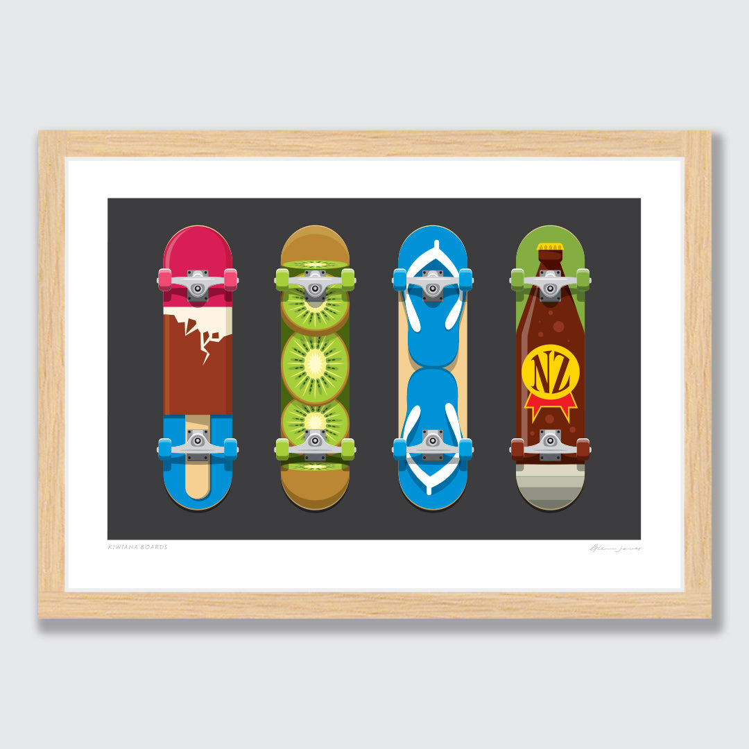 Kiwiana Skateboards Art Print by Glenn Jones