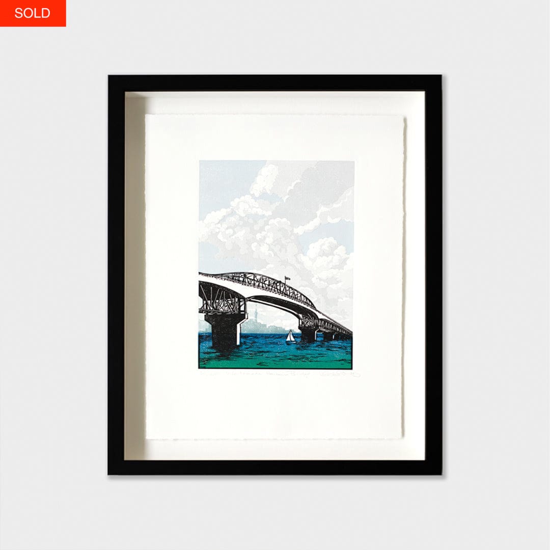 Bespoke Framed Waitemata Harbour Bridge Linocut Reduction Print by Kate Steiner