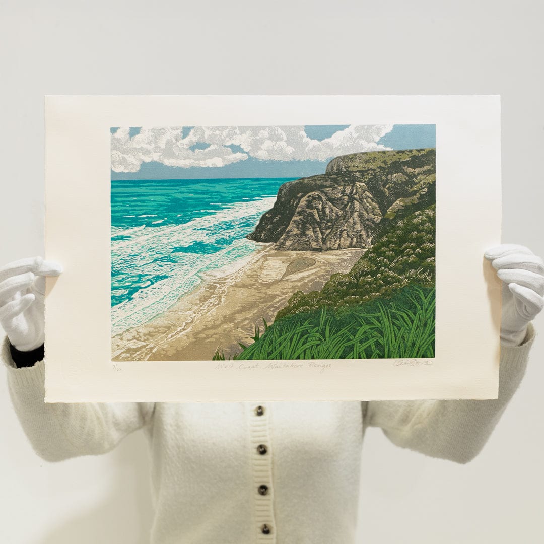 West Coast, Waitakere Ranges Linocut Reduction Print by Kate Steiner