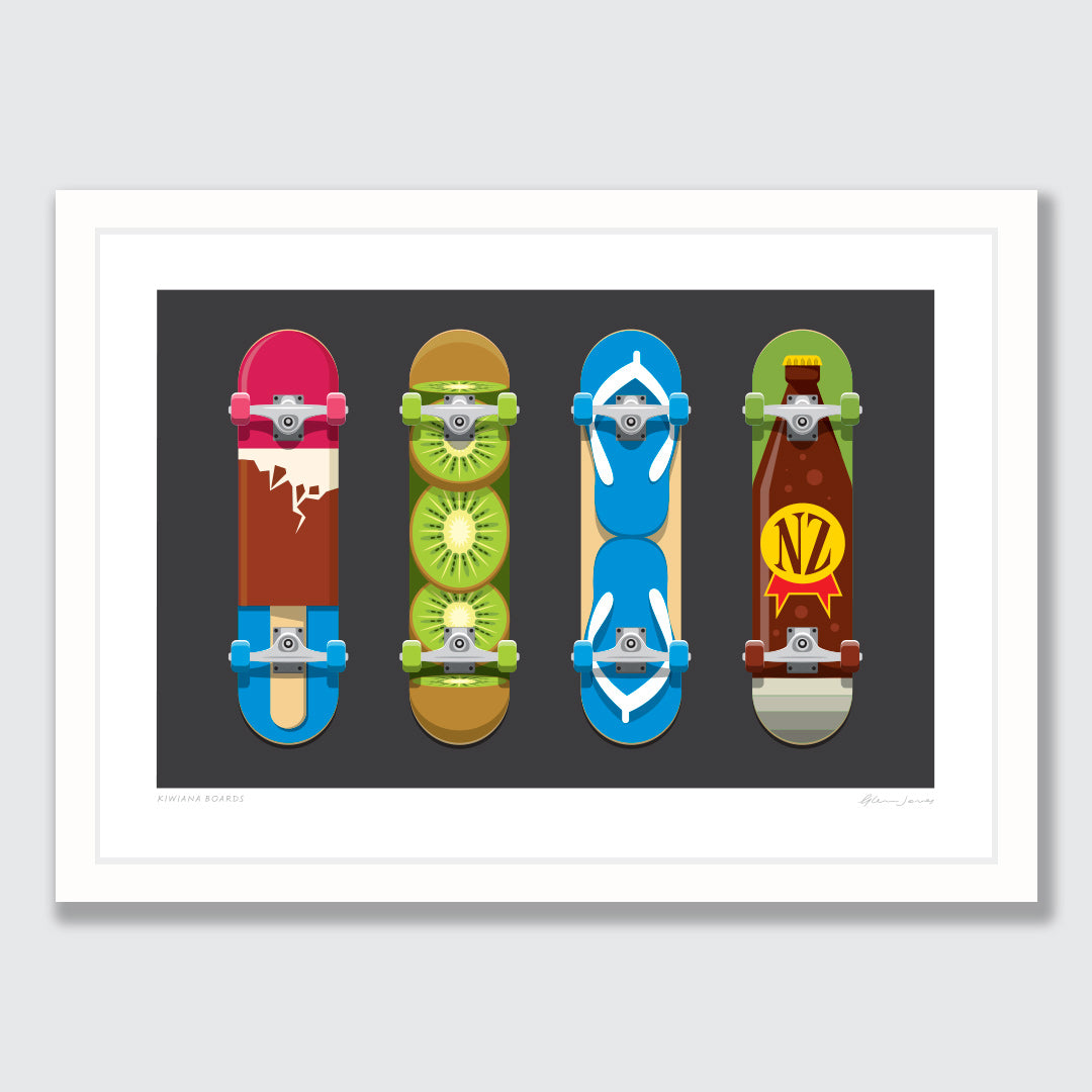 Kiwiana Skateboards Art Print by Glenn Jones