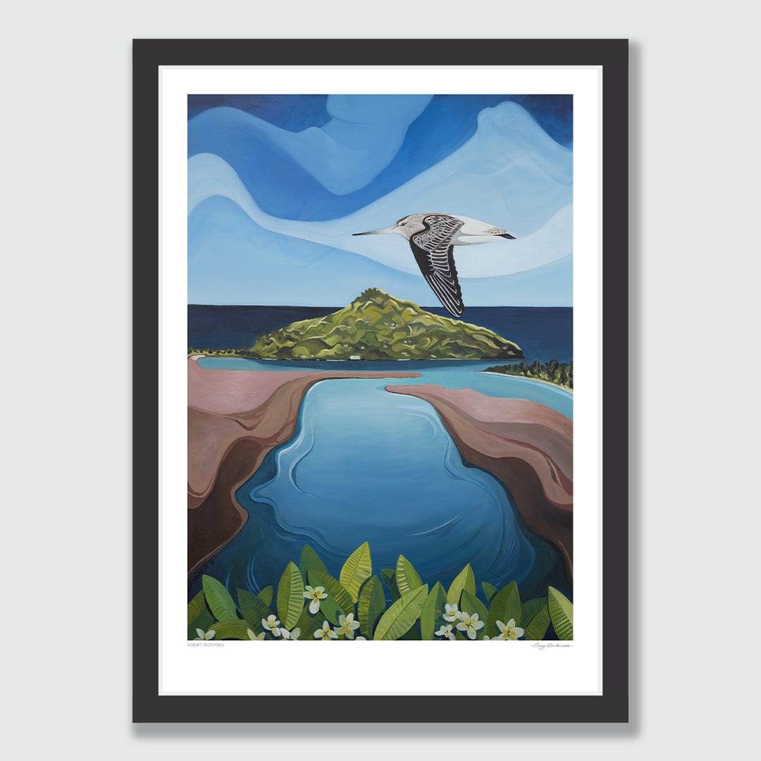 Godwit Over Paku Art Print by Guy Harkness