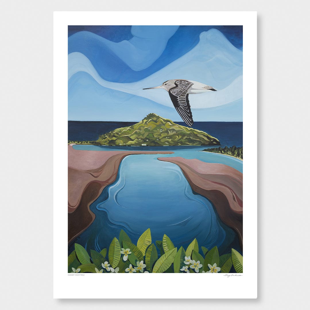 Godwit Over Paku Art Print by Guy Harkness