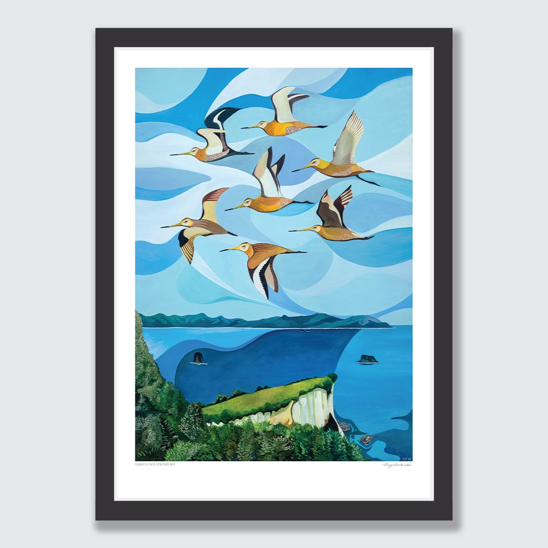 Godwits Over Stingray Bay Art Print by Guy Harkness