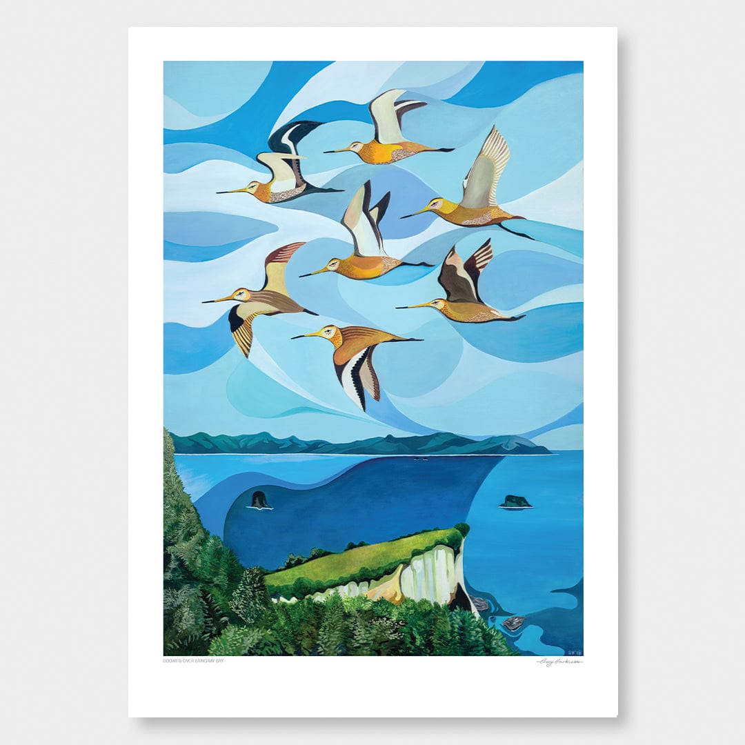 Godwits Over Stingray Bay Art Print by Guy Harkness