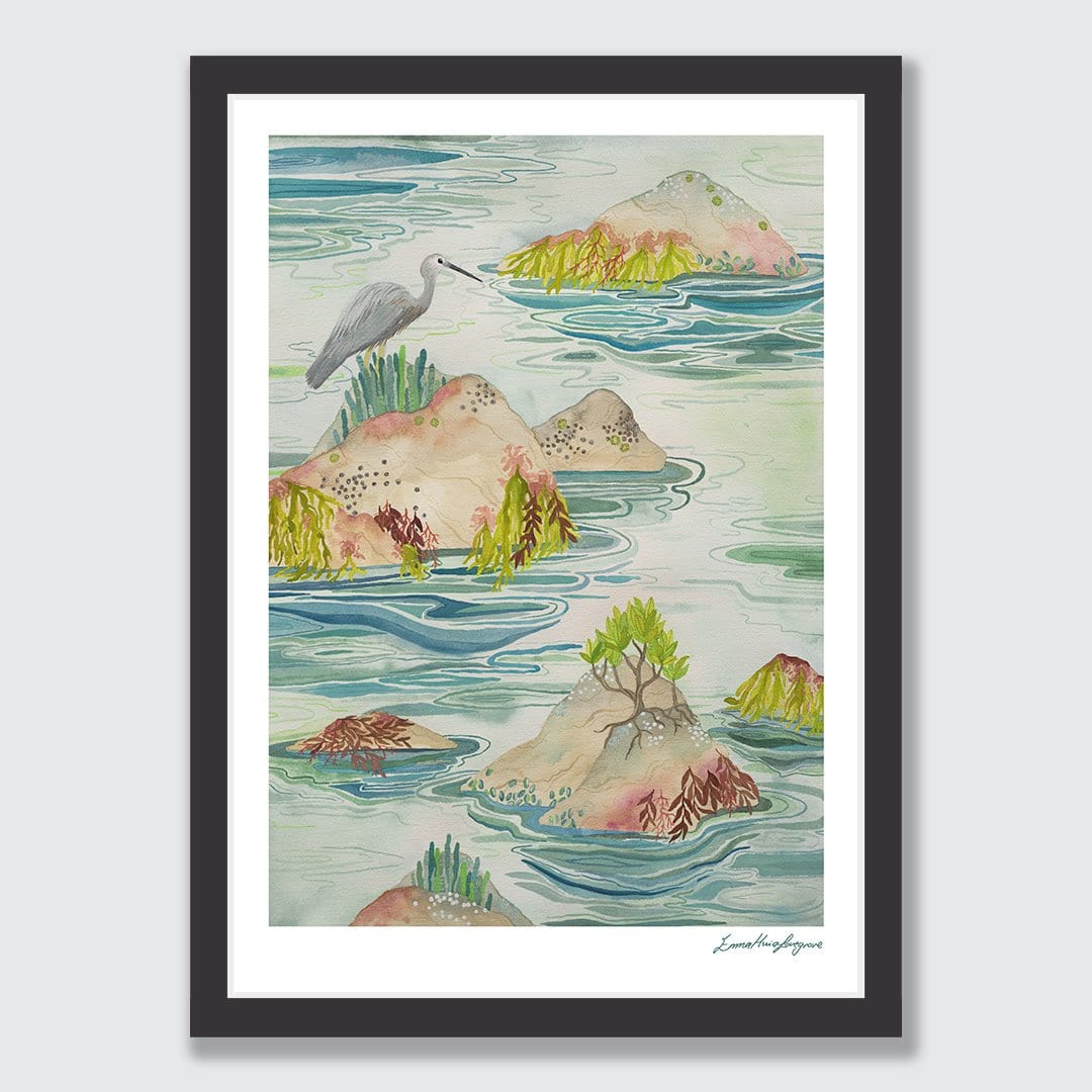 Heron at Mount Maunganui Art Print by Emma Huia Lovegrove