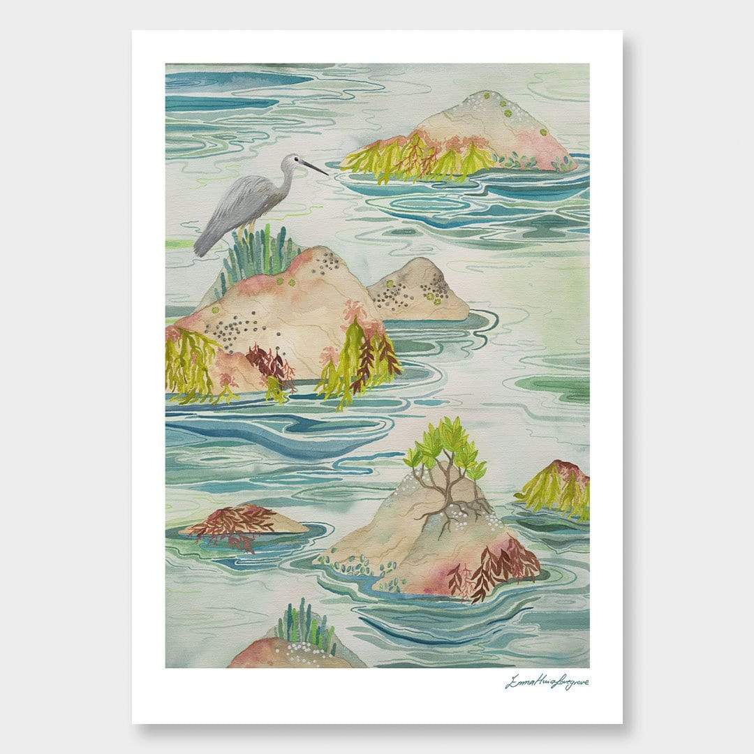 Heron at Mount Maunganui Art Print by Emma Huia Lovegrove