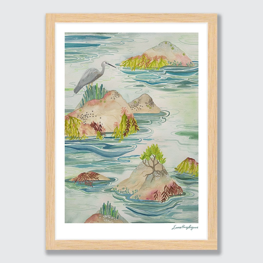 Heron at Mount Maunganui Art Print by Emma Huia Lovegrove
