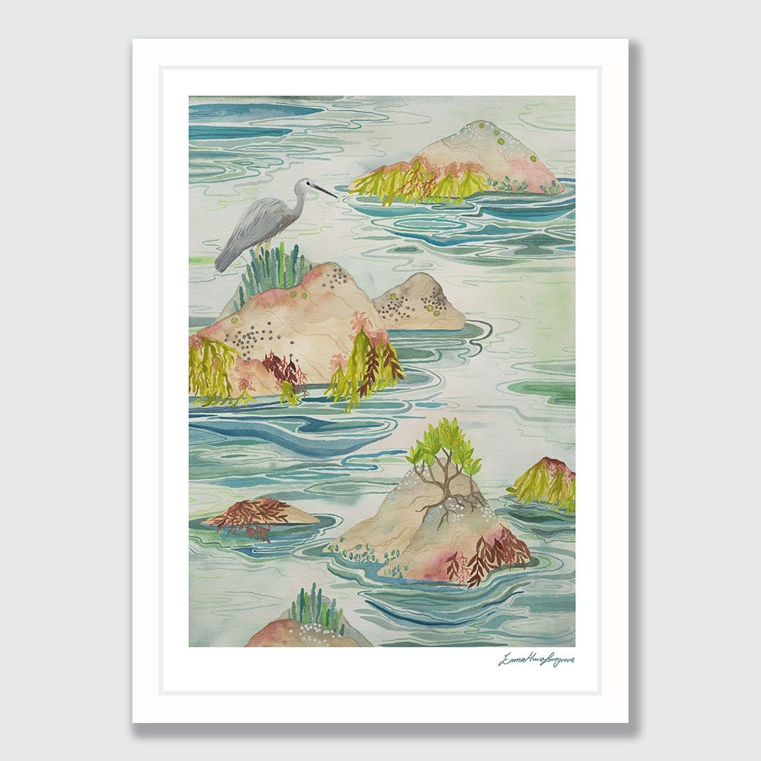 Heron at Mount Maunganui Art Print by Emma Huia Lovegrove