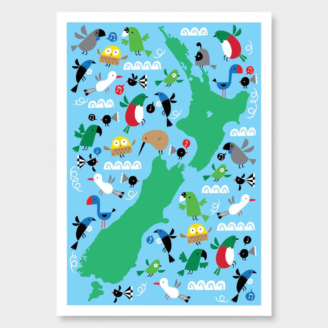 NZ Map Birds Kids Print by Beck Wheeler