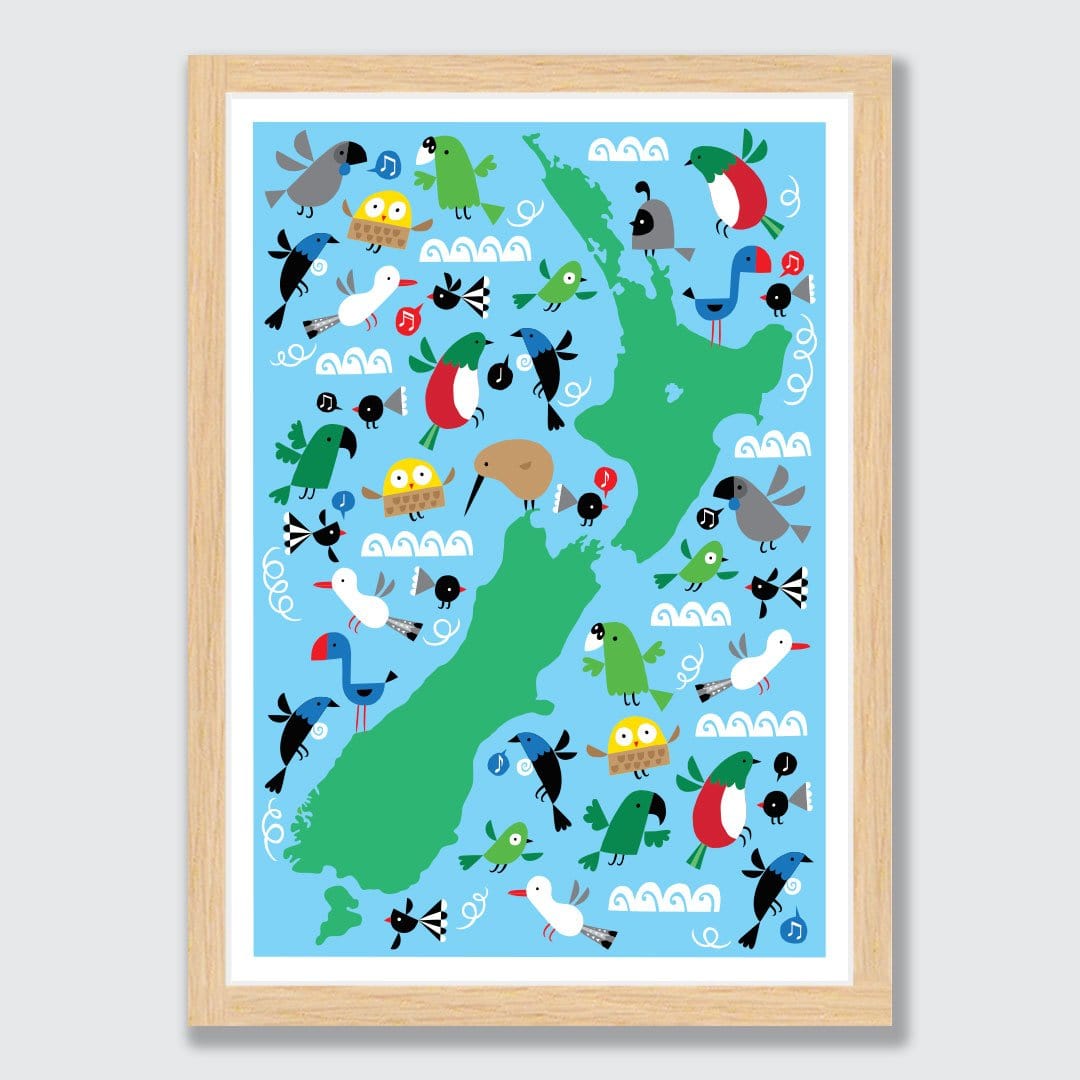 NZ Map Birds Kids Print by Beck Wheeler