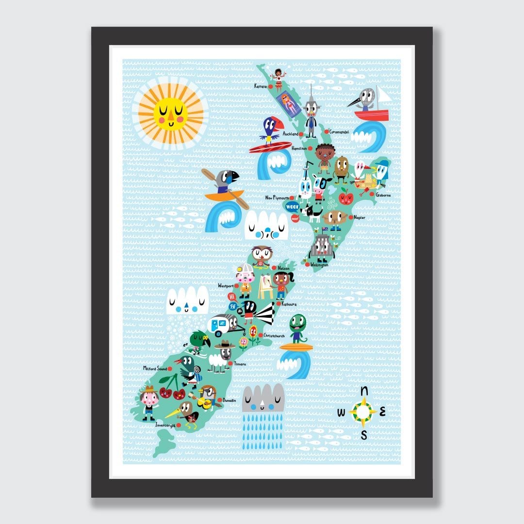 NZ Map Characters Kids Print by Beck Wheeler