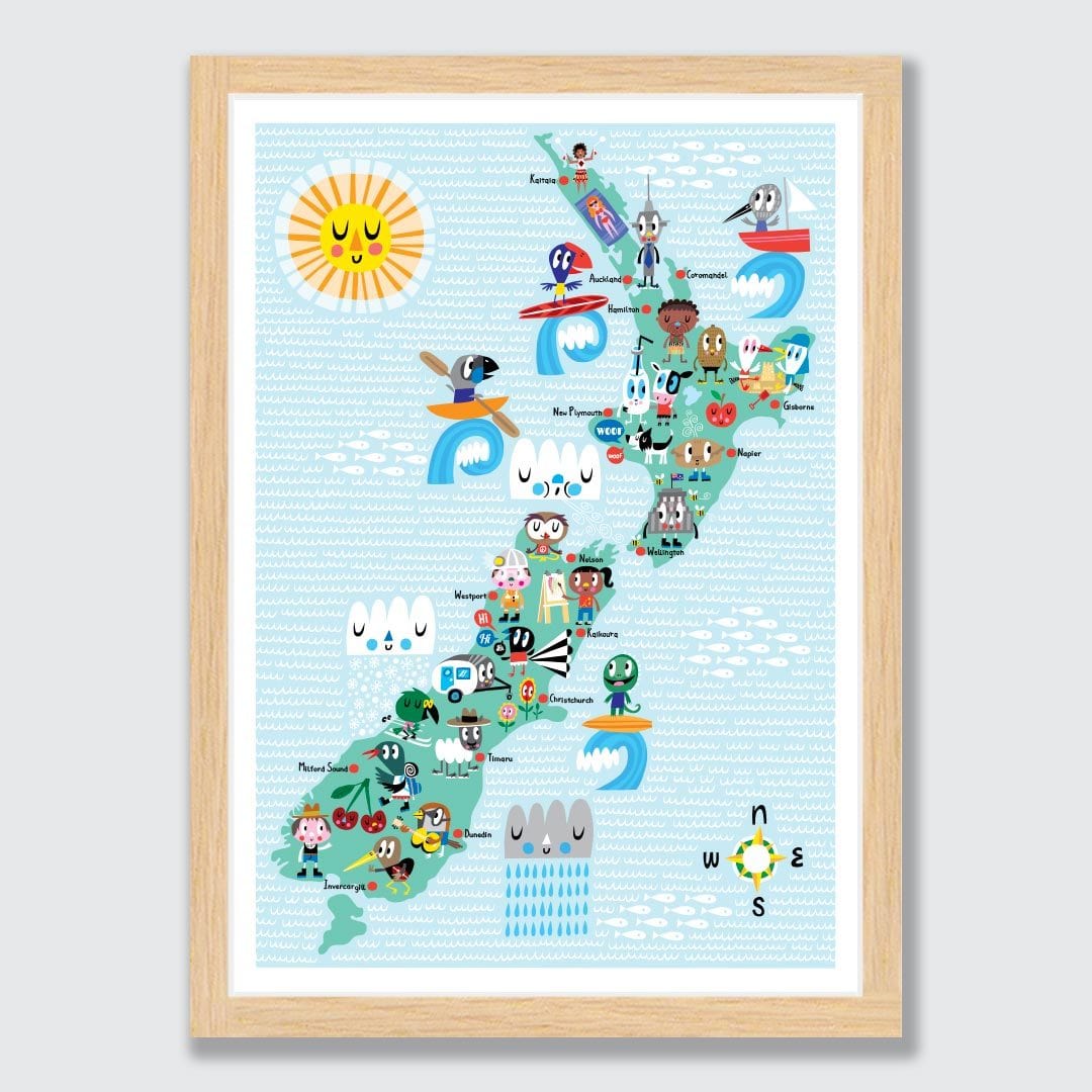 NZ Map Characters Kids Print by Beck Wheeler