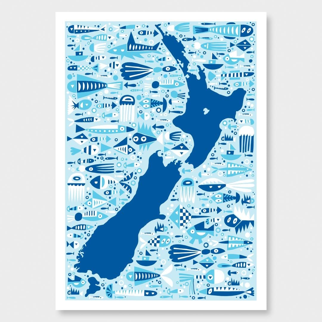 NZ Map Fish Kids Print by Beck Wheeler
